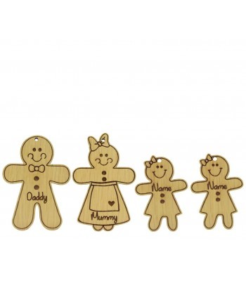 Laser Cut Personalised Oak Veneer Gingerbread Family Christmas Decorations - Options
